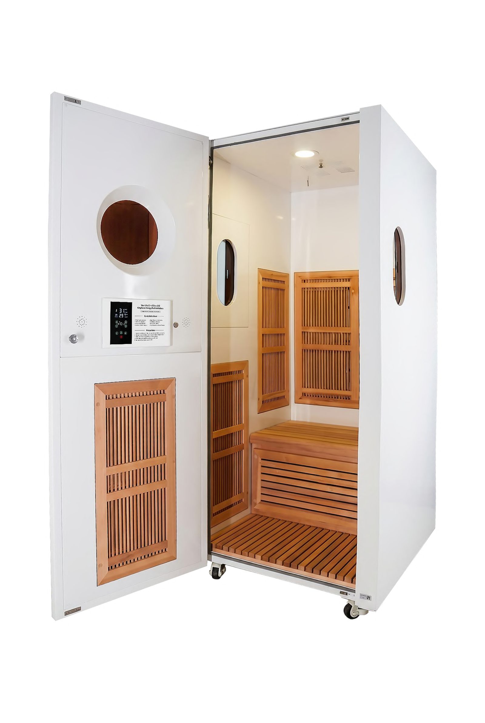 ThermaPod 360 with door open showing the cedar interior