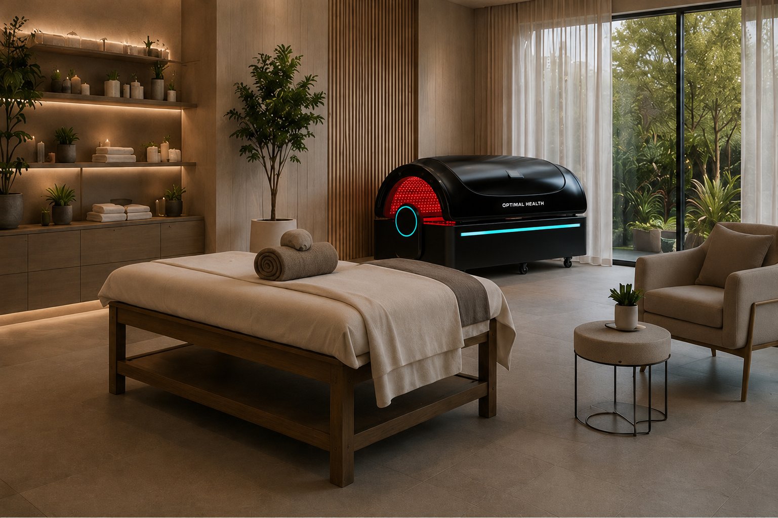 A full-body red light therapy session on the LumiRed REGEN bed