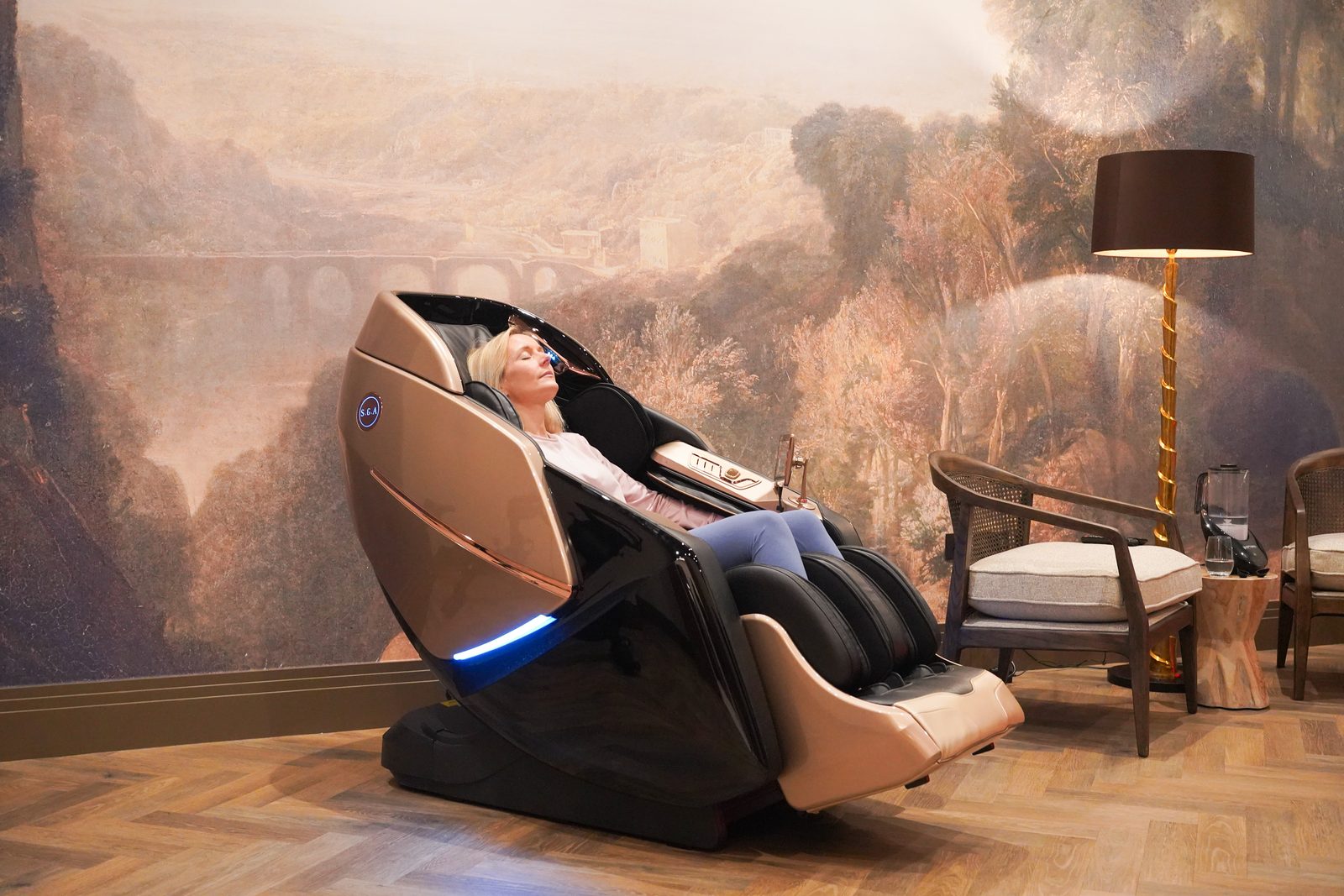 Relaxing in the zero-gravity massage chair